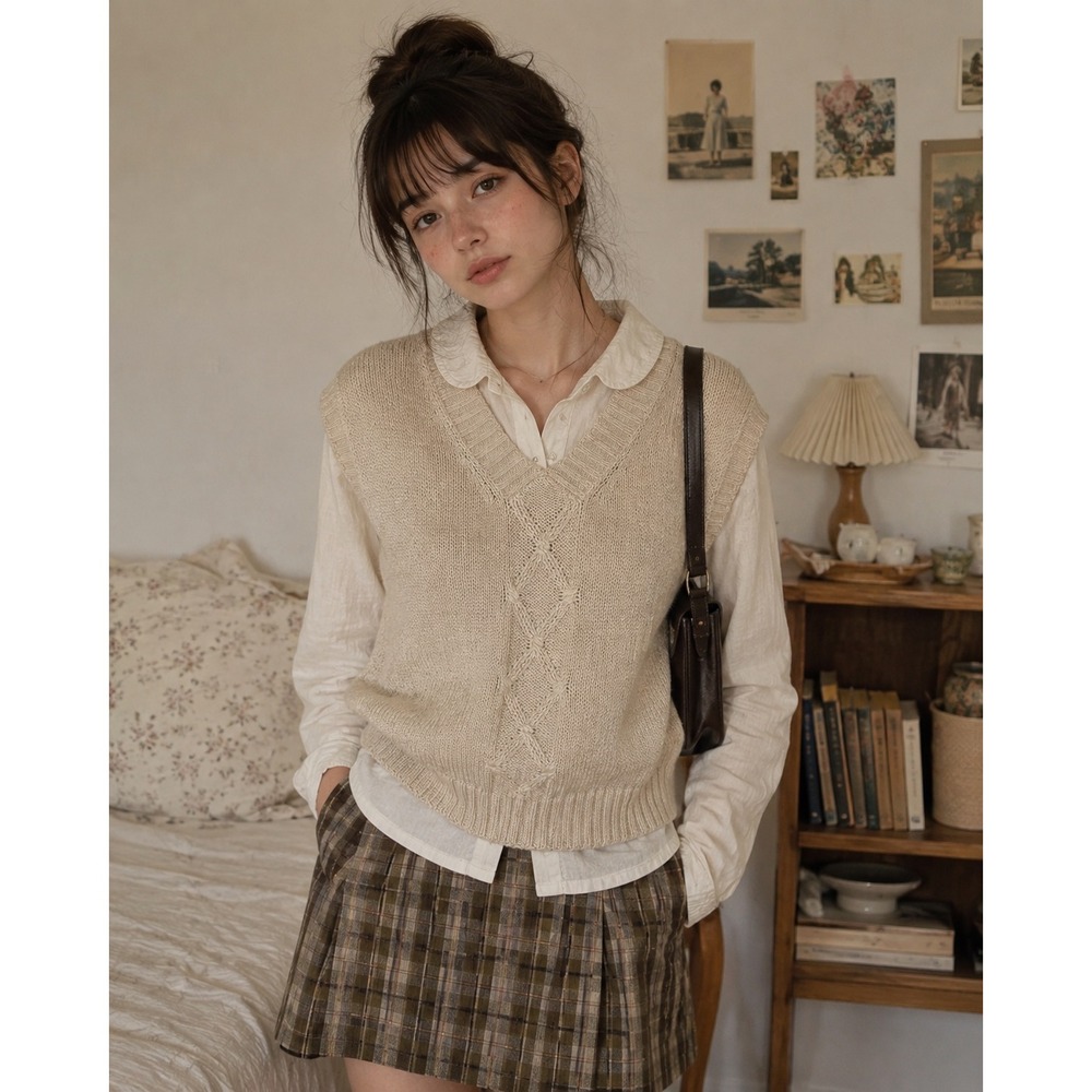 Vintage Russ Silk Blend Cable Knit Sweater Vest Cream Small Preppy 80s Twee